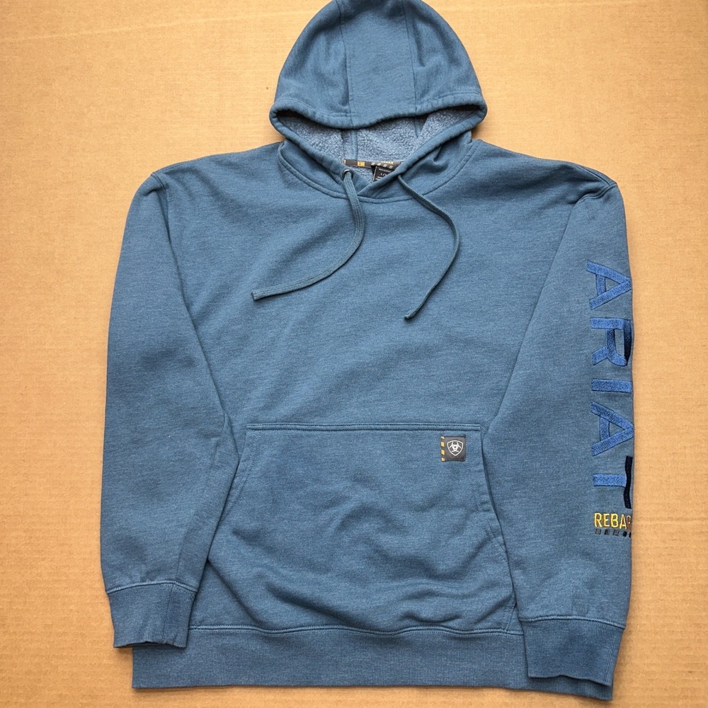 Ariat Rebar Hoodie Mens Sz L Blue Regular Fit Pullover Embroidered Long Sleeves